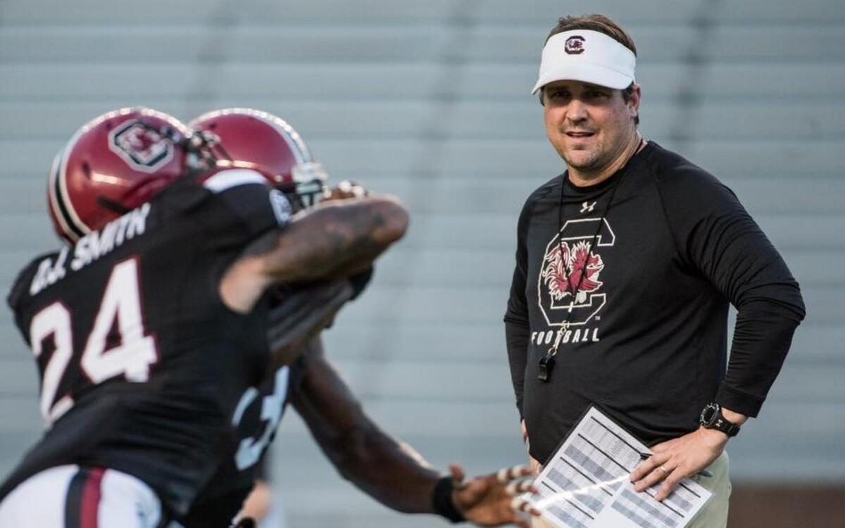 South Carolina head coach Will Muschamp watches players during football practice Wednesday evening at Williams Brice Stadium.