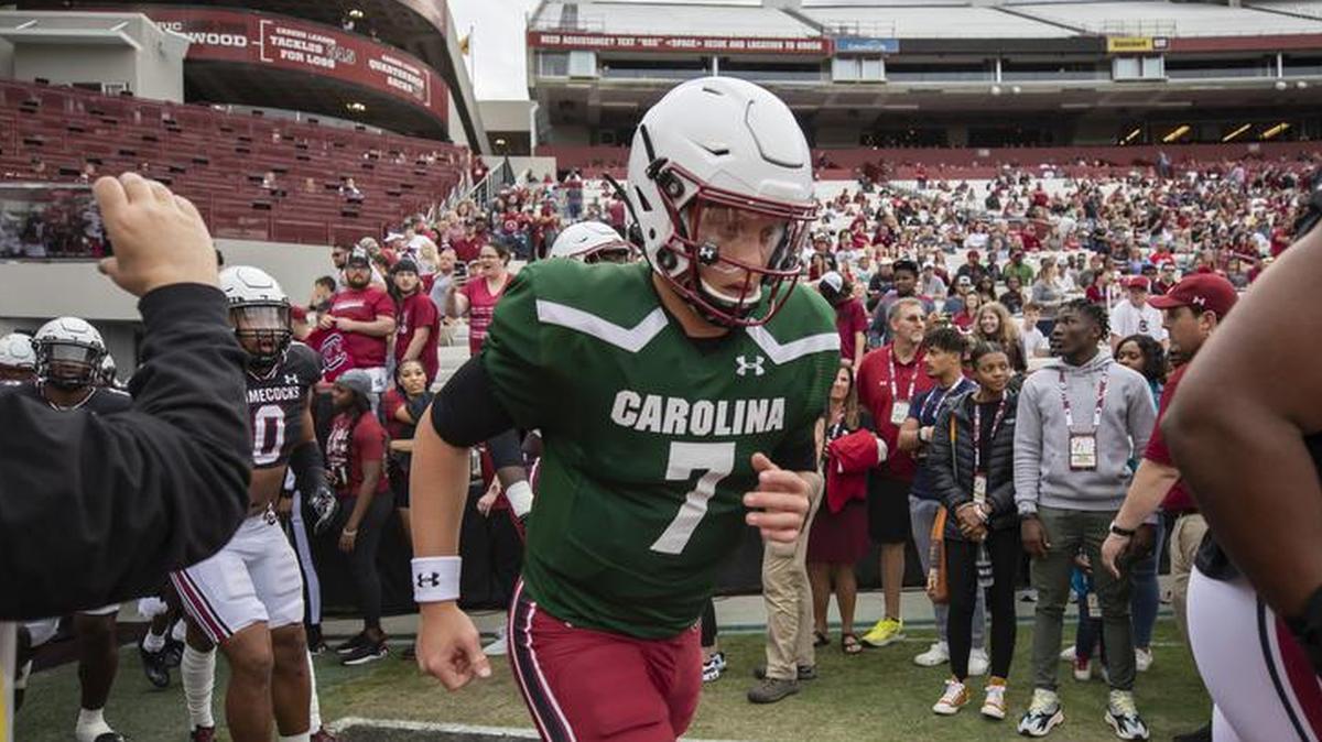 Quarterback Spencer Rattler enters the field with his teammates before the Gamecocks’ Spring Game held at Williams-Brice Stadium on Saturday, April 16, 2022.