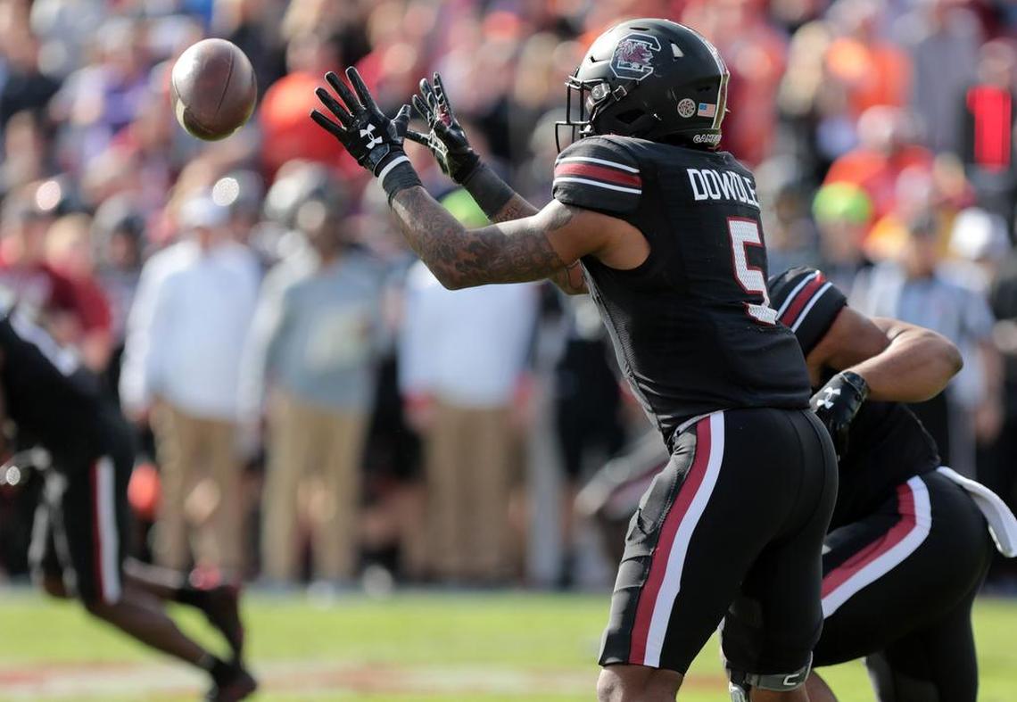 South Carolina’s Rico Dowdle catches the ball at the Clemson v. South Carolina game in Columbia.