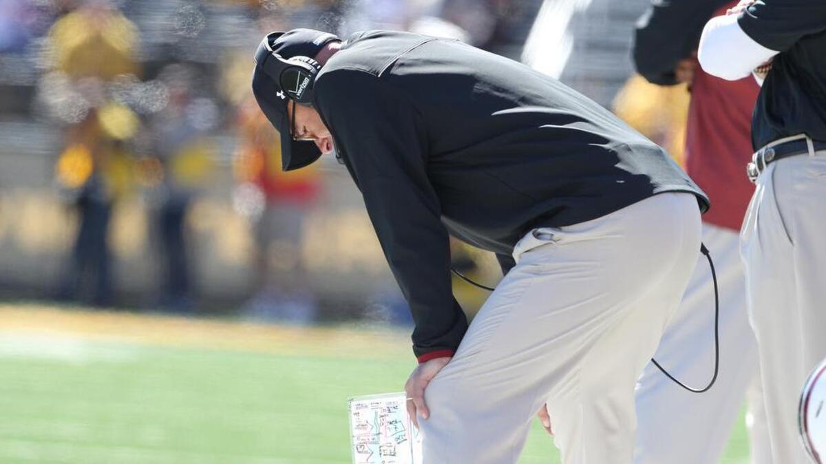
South Carolina defensive coordinator Jon Hoke reacts to a play in the second half against Missouri at Faurot Field in Columbia, Mo., Saturday, October 3, 2015. 
