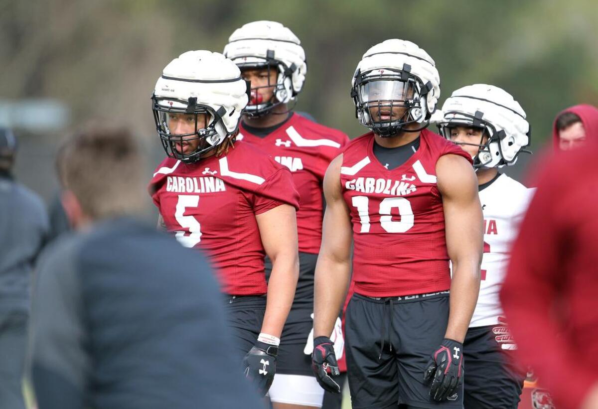 South Carolina’s Debo Williams and Brad Johnson during the Gamecocks’ March 20, 2021 spring football practice.