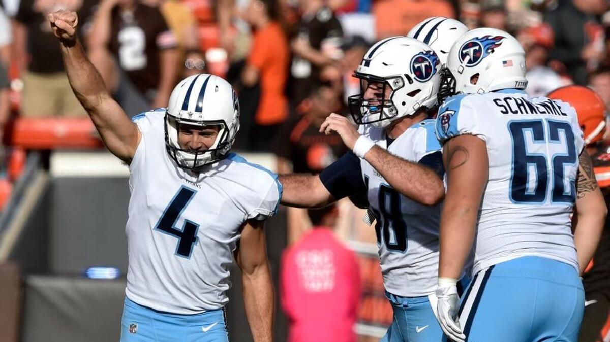 Tennessee Titans kicker Ryan Succop (4) celebrates after making a winning 47-yard field goal in overtime in an NFL football game against the Cleveland Browns, Sunday, Oct. 22, 2017, in Cleveland.