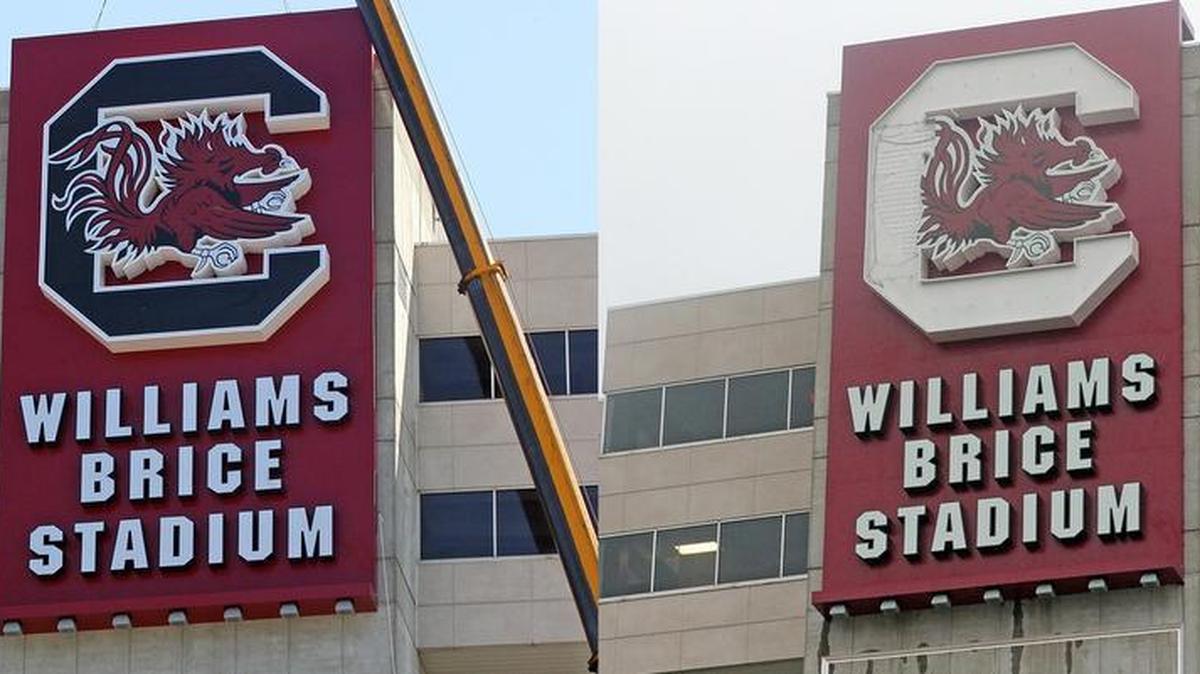 A before-and-after look at the sign at Williams-Brice Stadium that overlooks Gamecock Park. The sign was damaged by wind overnight Monday.