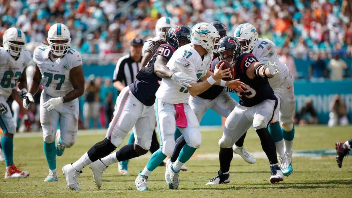 Houston Texans outside linebacker Jadeveon Clowney (90) sacked Miami Dolphins quarterback Ryan Tannehill on Sunday. It was Clowney’s first sack of his pro career, but came with the Texans down 41-0.