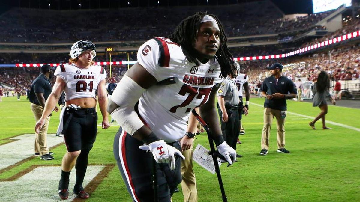 South Carolina offensive lineman Malik Young leaves the field after the loss to Texas A&M.