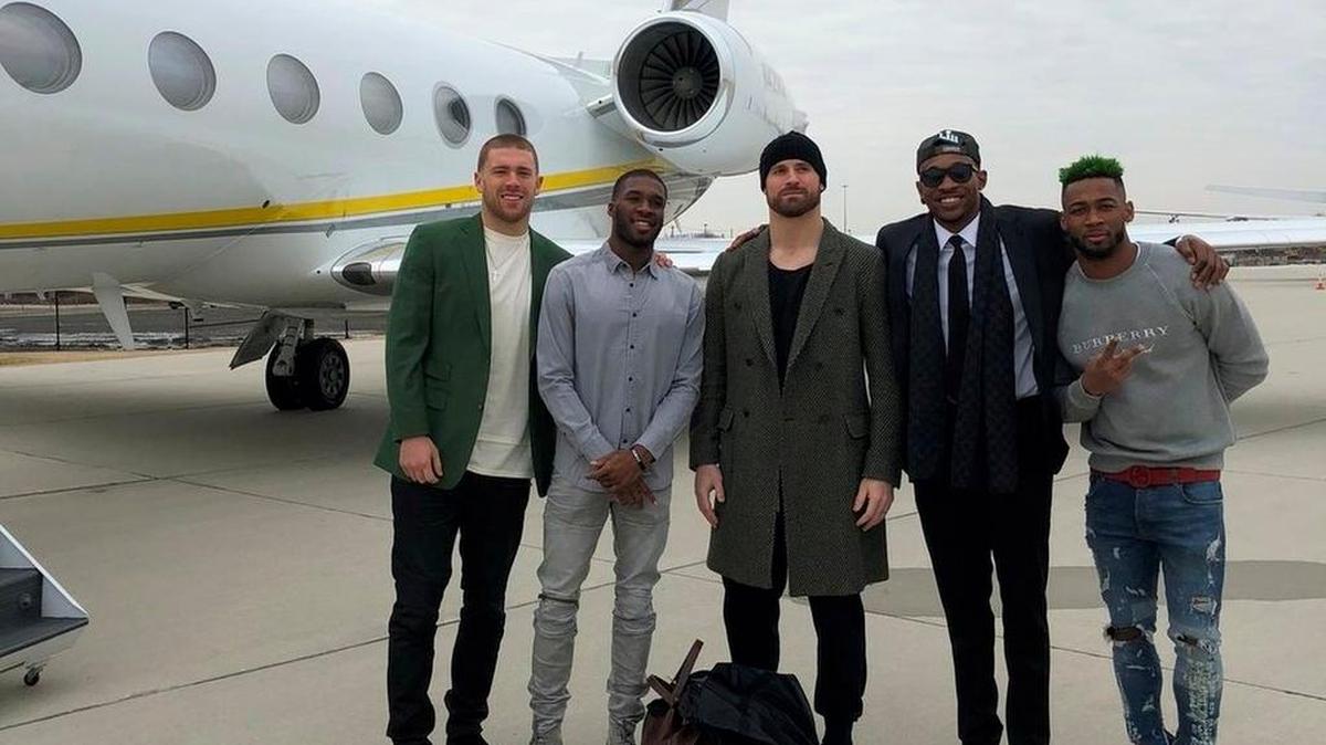 Philadelphia Eagles, from left, Zach Ertz, Nelson Agholor, Chris Long, Alshon Jeffery and Jalen Mills are pictured outside of a plane prior to their appearance on “The Tonight Show Starring Jimmy Fallon.”