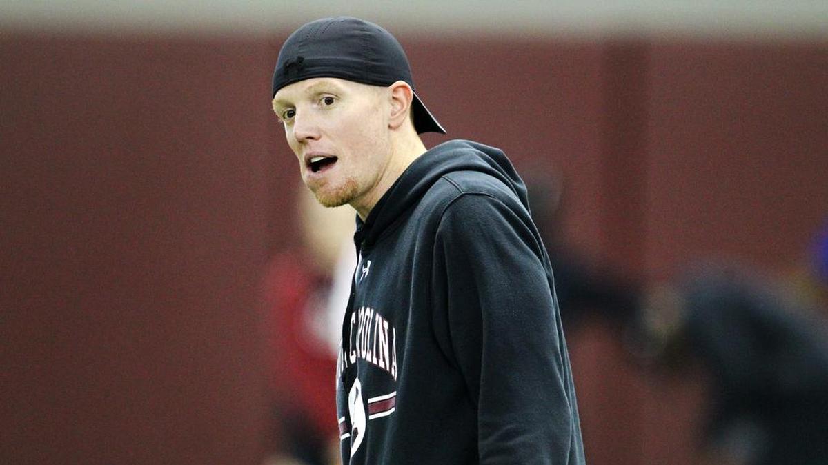 South Carolina tight ends coach Joe Cox at the beginning of the 2020 spring practice workouts.