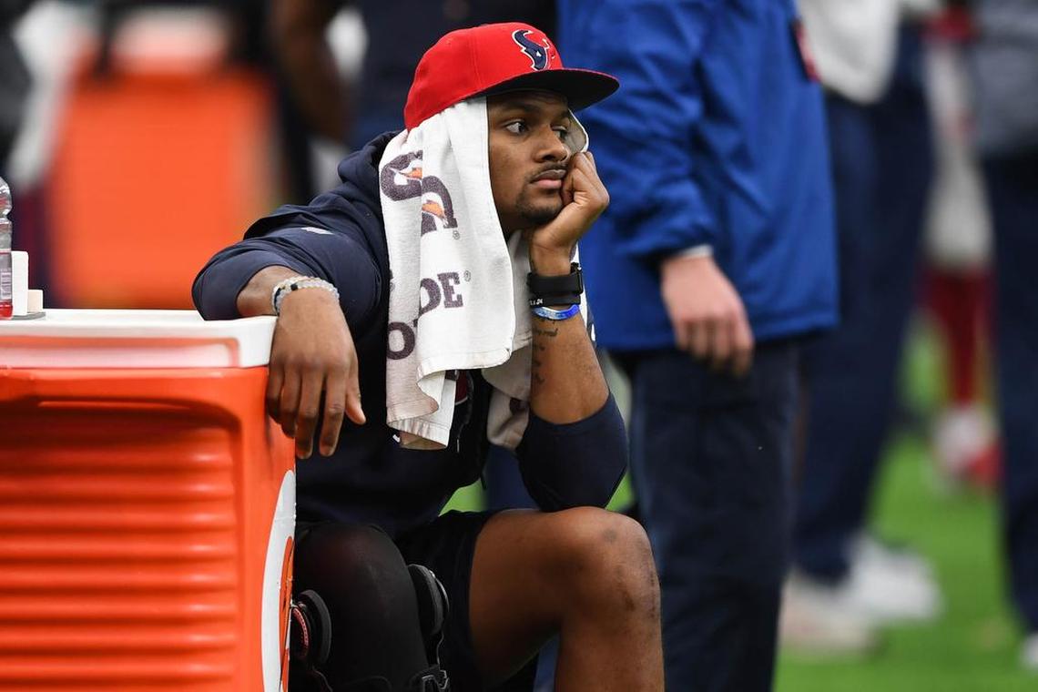 Houston Texans quarterback Deshaun Watson (4) looks on during the fourth quarter against the San Francisco 49ers at NRG Stadium.