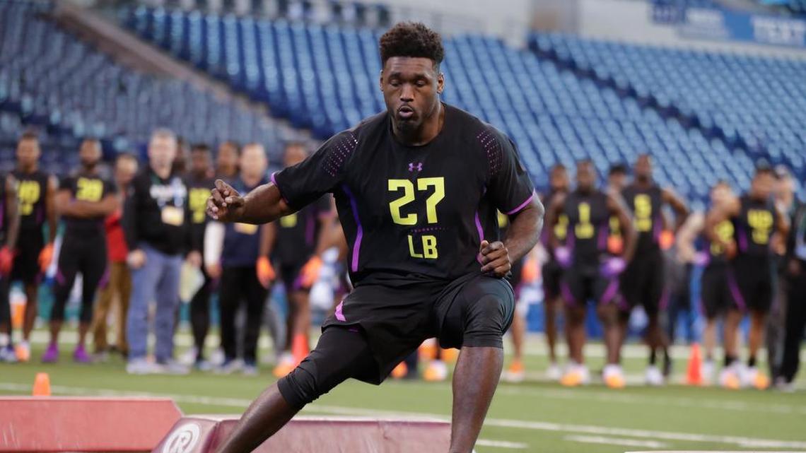 South Carolina linebacker Skai Moore runs a drill at the NFL football scouting combine in Indianapolis, Sunday, March 4, 2018.