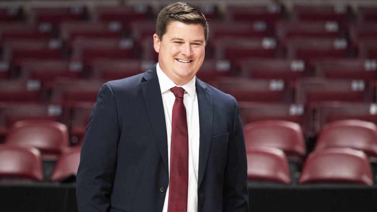 South Carolina assistant athletic director Chance Miller speaks with fans and former Gamecocks at Colonial Life Arena on Thursday March 24, 2022.