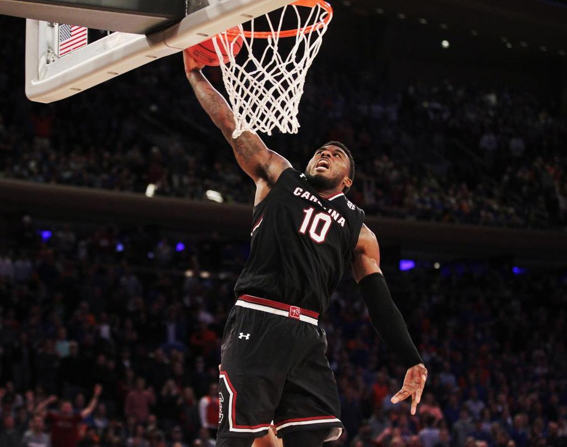 South Carolina Gamecocks guard Duane Notice (10) dunks the ball as second wind down in the second half of their NCAA Tournament win over Florida inside Madison Square Garden in New York in 2017.