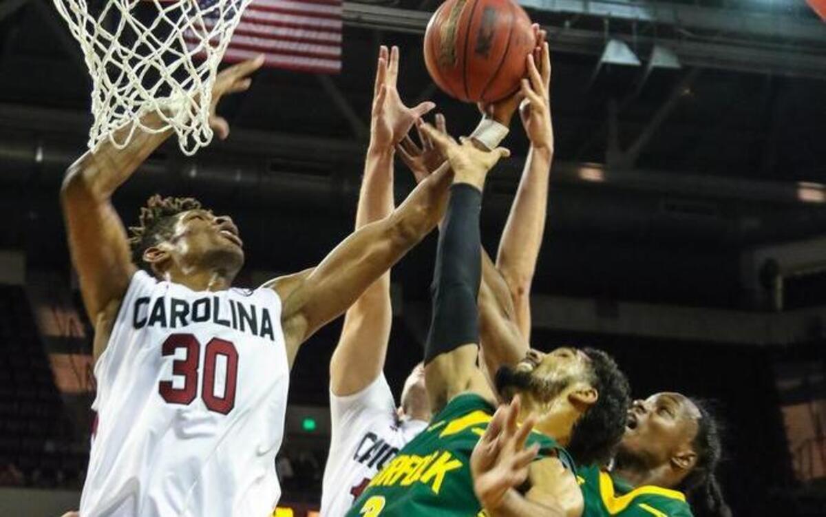 South Carolina forward Chris Silva (30) muscles a rebound during the game against the Norfolk State Spartans at the Colonial Life Arena.