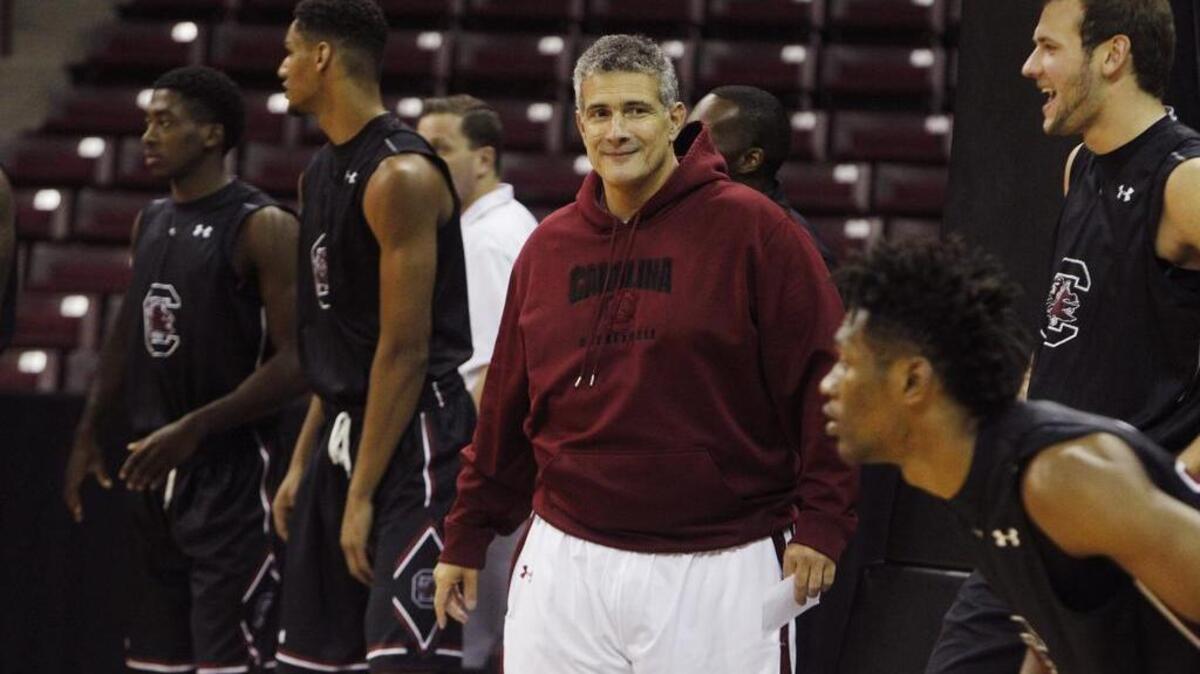 
South Carolina head basketball coach Frank Martin watches practice at Colonial Life Arena on Thursday.
