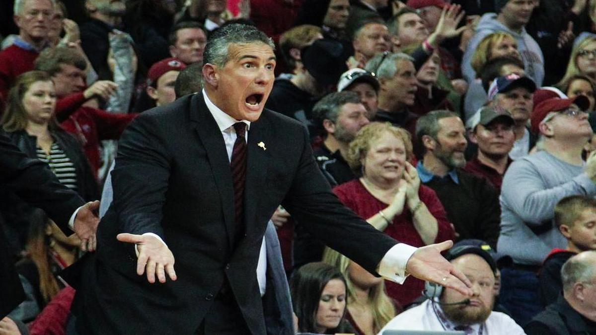 Coach Frank Martin encourages his team during the second half of action against LSU in the Colonial Life Arena. USC won 94-83.