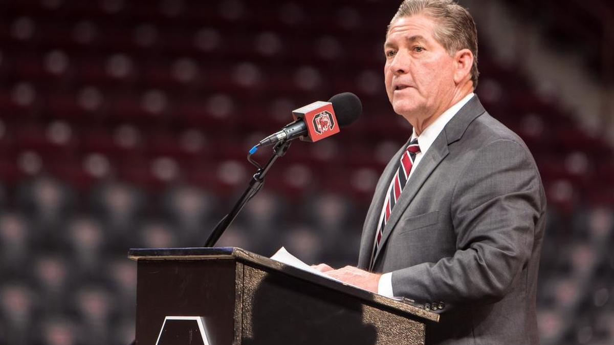 Athletics Director Ray Tanner speaks before introducing new South Carolina Gamecocks men’s basketball head coach Lamont Paris speaks at a press conference introducing Paris at Colonial Life Arena Thursday, March 24, 2022.