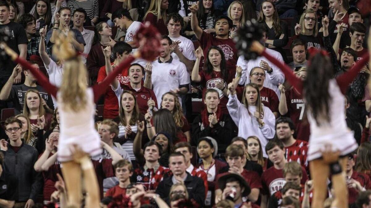 
Fans in the student section celebrate as USC takes on Georgia at the Colonial Life Arena.
