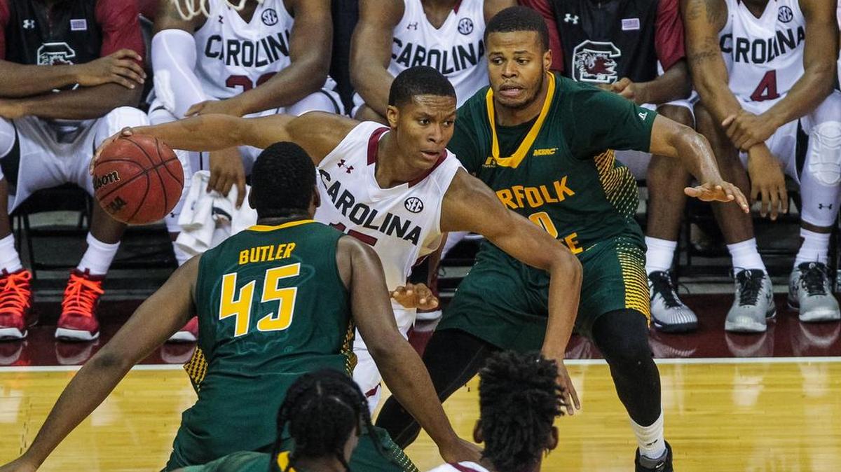 South Carolina guard PJ Dozier (15) drives through the Norfolk State defense during the game against the Spartans at the Colonial Life Arena.