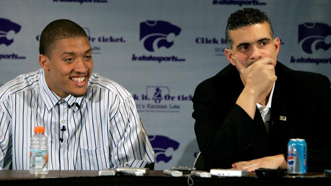 Kansas State freshman Michael Beasley and coach Frank Martin listen to questions in 2008 during a news conference where Beasley announced his decision to participate in the NBA basketball draft