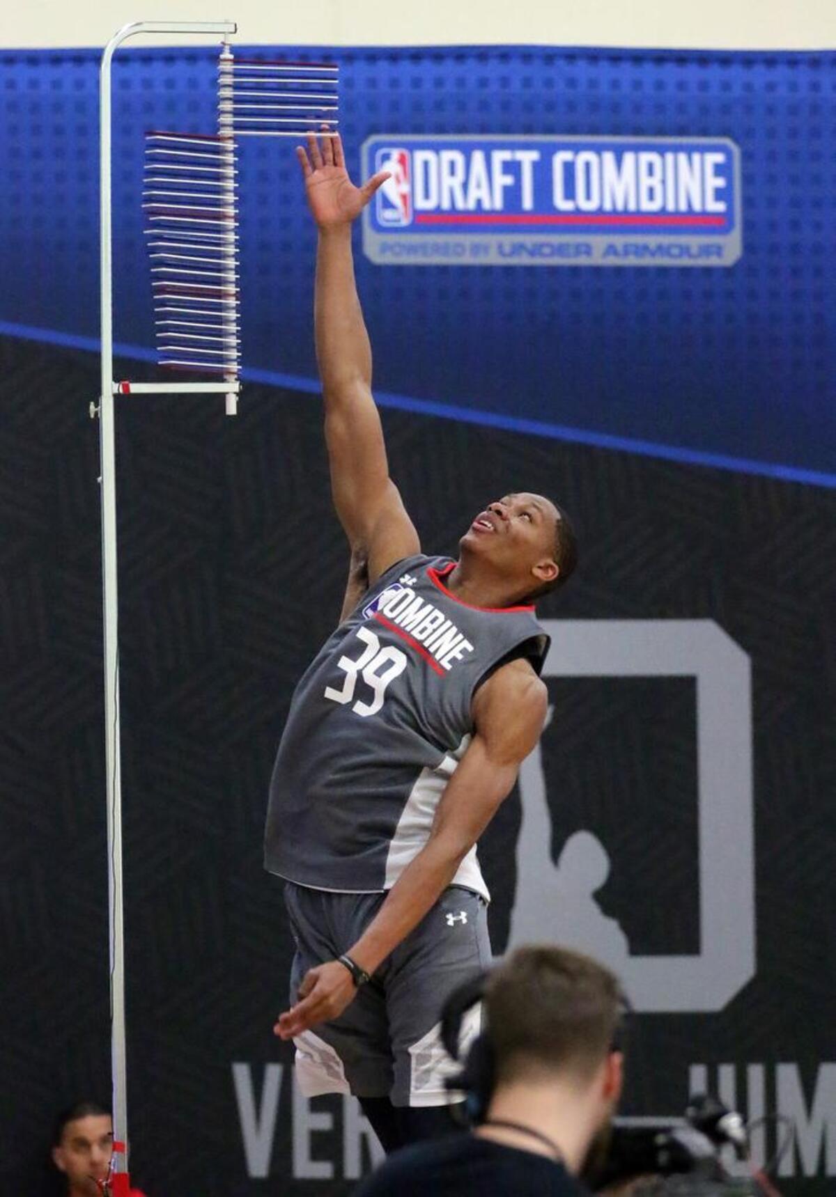 South Carolina's P.J. Dozier at the max vertical station at the NBA Draft Combine at the Quest Multisport complex in Chicago.