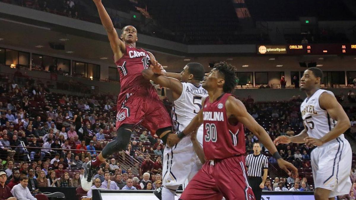 South Carolina's PJ Dozier scores on a soaring layup in the first half against Drexel at the Colonial Life Arena.