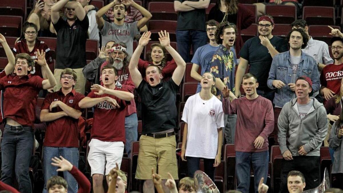 South Carolina fans cheer during the Gamecocks game against Georgia Tech in the NIT at Colonial Life Arena. USC ranked No. 31 in nation in average attendance.