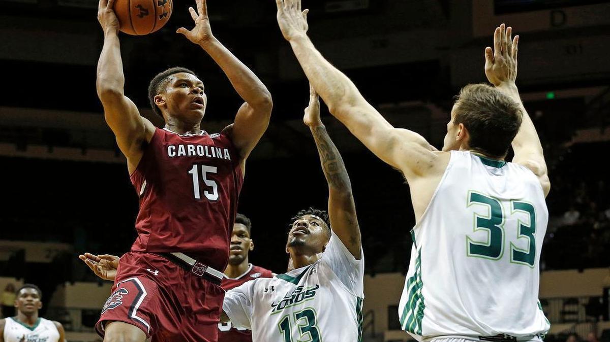 South Carolina guard PJ Dozier (15) shoots over South Florida center Ruben Guerrero (33) during the their game Saturday at USF Sun Dome.