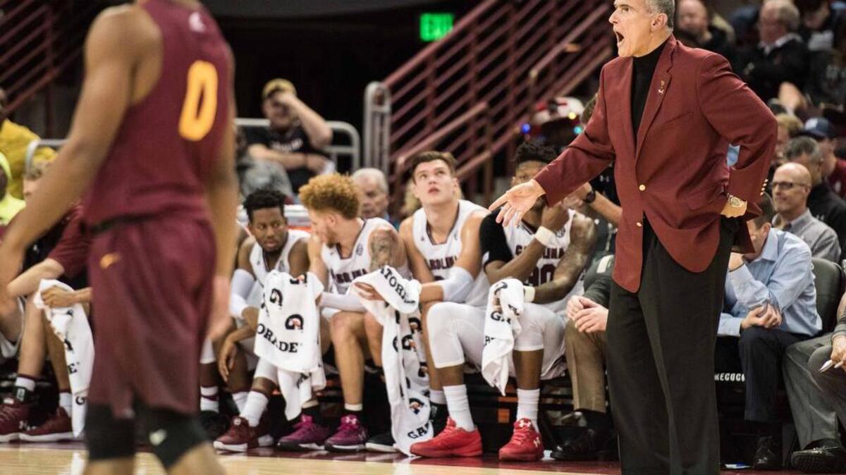 South Carolina head coach Frank Martin communicates with players during an exhibition game against Erskine at Colonial Life Arena on Oct. 30. South Carolina defeated Erskine 85-44.