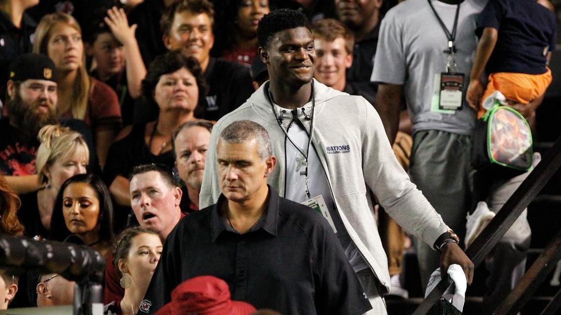 South Carolina basketball recruiting target Zion Williamson at the USC-Kentucky football game at Williams-Brice Stadium this past Saturday with Gamecocks coach Frank Martin.