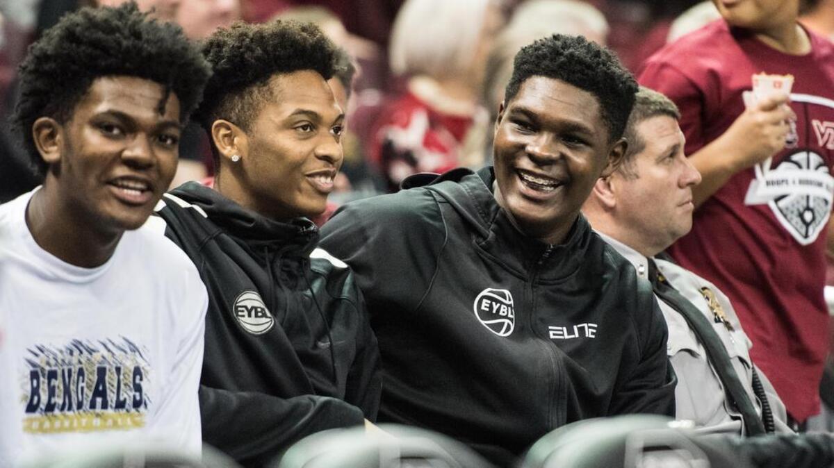 Rock Hill prospect D.J. Burns, right, laughs during an exhibition game between South Carolina and Virginia Tech on Nov. 5, 2017, in Columbia, S.C. Virginia Tech defeated South Carolina 86-67.