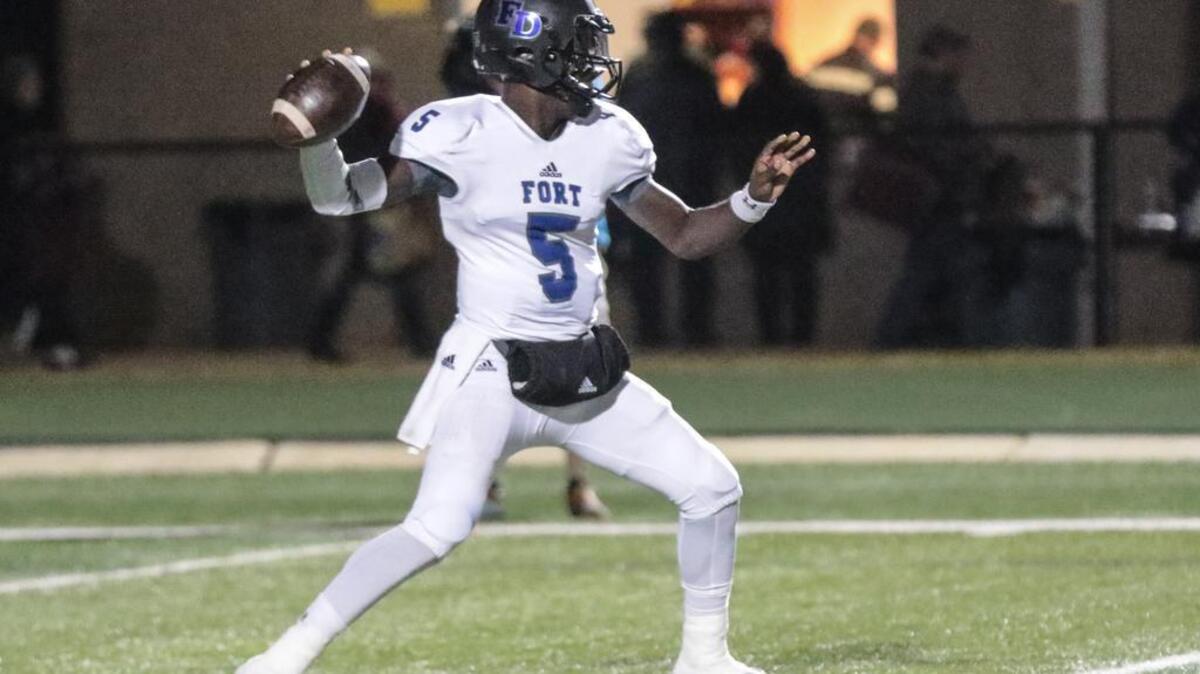 Dakereon Joyner throws downfield during Friday night's 5A Lower State Semifinal game between Dutch Fork High School and Fort Dorchester December 9, 2016.