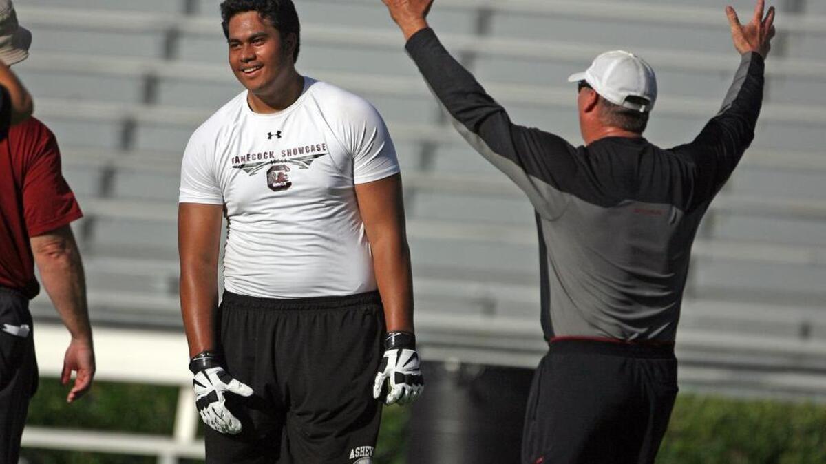 
Offensive lineman Pete Leota of Asheville, N.C., at the 2015 Gamecock Showcase camp in June at Williams-Brice Stadium.
