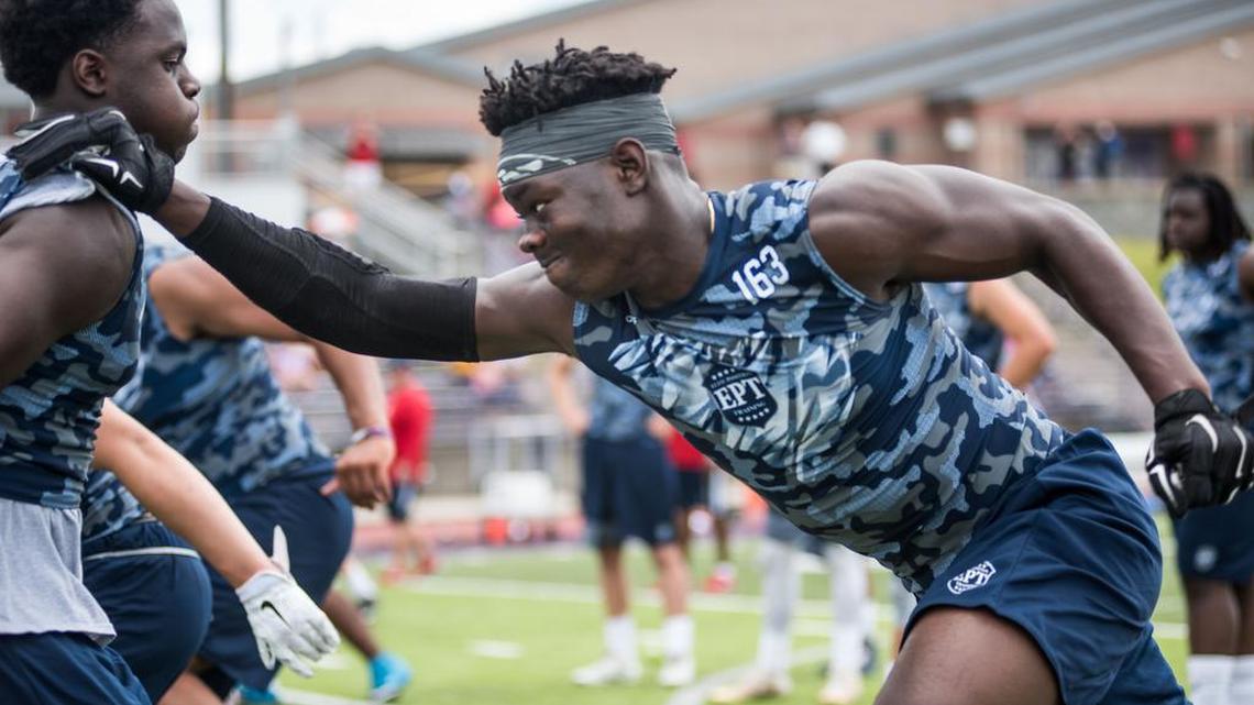 Irmo defensive lineman Trajan Jeffcoat participates in the EPT Skills Showcase at Ridge View High School on Sunday