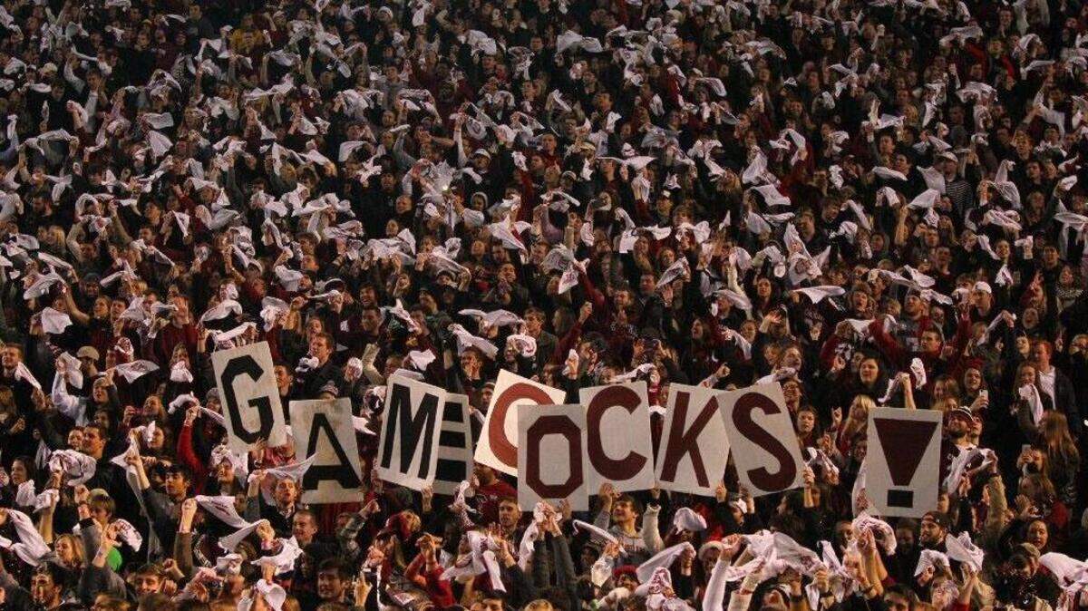 Fans in the students' section celebrate at Williams-Brice Stadium on Saturday, Nov 30, 2013, in Columbia, S.C.