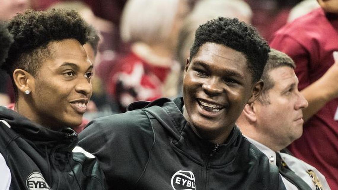 Rock Hill prospect D.J. Burns, right, laughs during an exhibition game between South Carolina and Virginia Tech on Nov. 5, 2017, in Columbia, S.C. Virginia Tech defeated South Carolina 86-67.