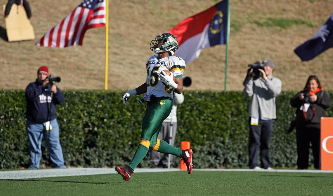 Running back Rico Dowdle of AC Reynolds High in Asheville, NC, at the Shrine Bowl on Saturday at Wofford’s Gibbs Stadium in Spartanburg.