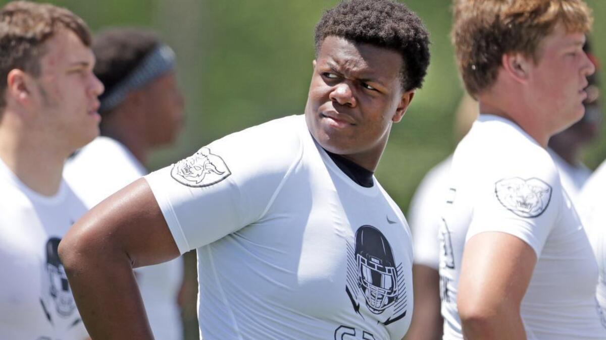 Class of 2019 offensive lineman Warren McClendon of Brunswick, Ga., at The Opening regional in Charlotte on Sunday.