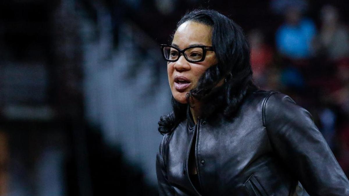 Coach Dawn Staley watches her team during the second half of action against Auburn in the Colonial Life Arena.