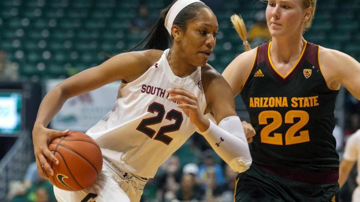 A’ja Wilson tries to get past Arizona State’s Quinn Dornstauder during the first half.