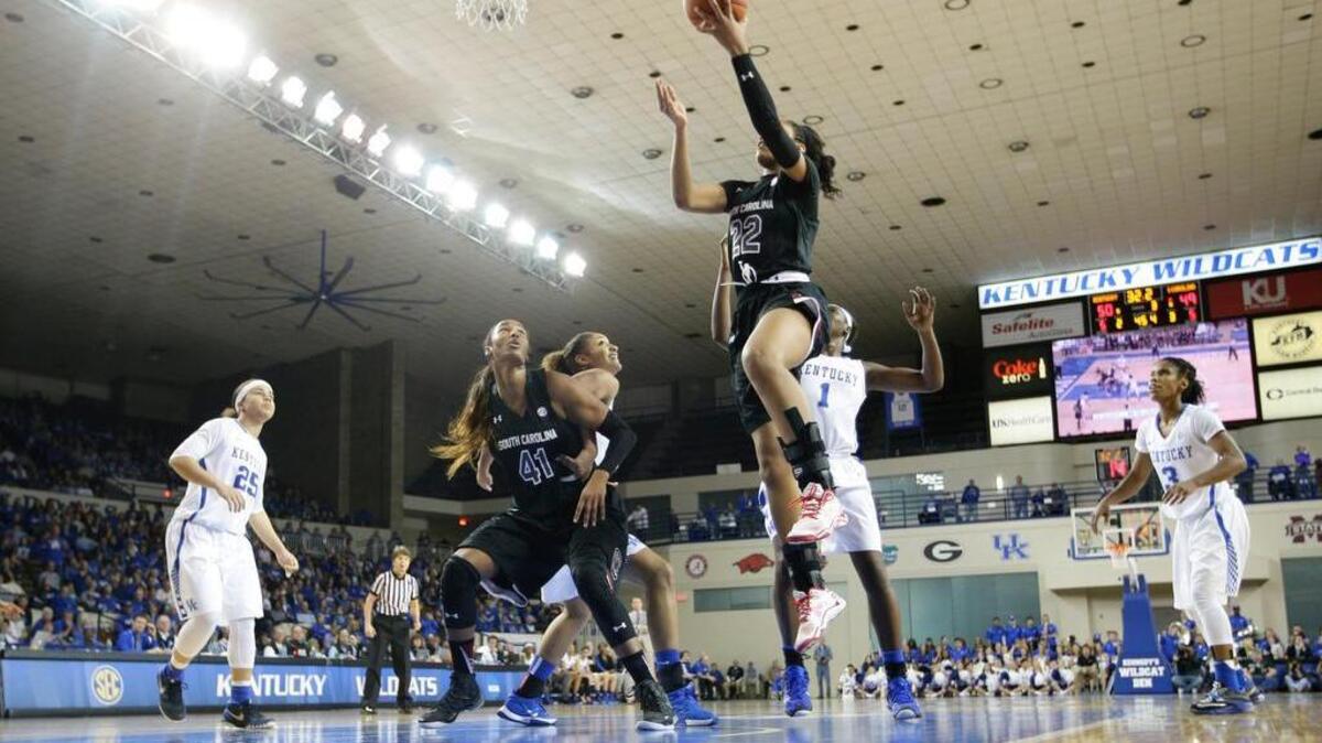 South Carolina forward A’ja Wilson skies for a shot at Kentucky.