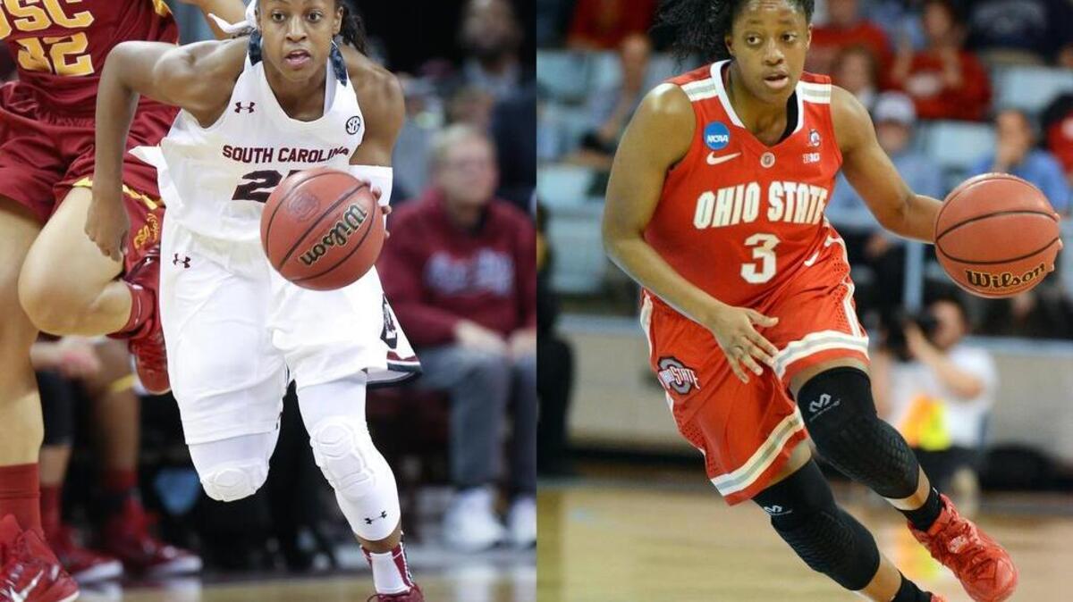 South Carolina’s Tiffany Mitchell (on left) and Ohio State’s Kelsey Mitchell