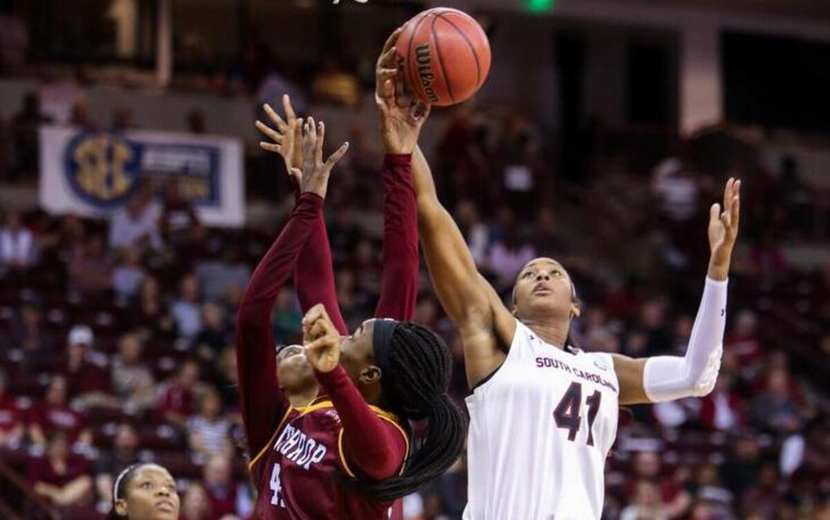 South Carolina’s Alaina Coates pulls down a rebound against Winthrop. Coates had a triple-double in the victory, and will look to do the same against Hampton on Wednesday.