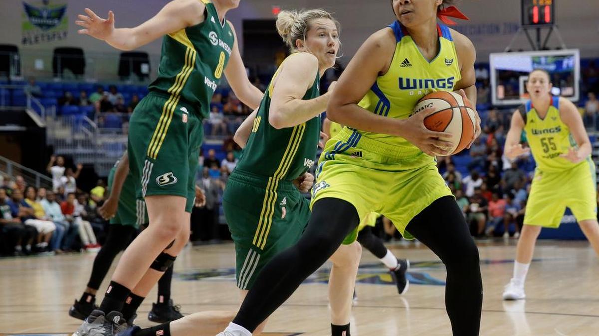Dallas Wings guard Allisha Gray positions for a shot in a WNBA basketball game this season. She helped lead South Carolina to a national title.
