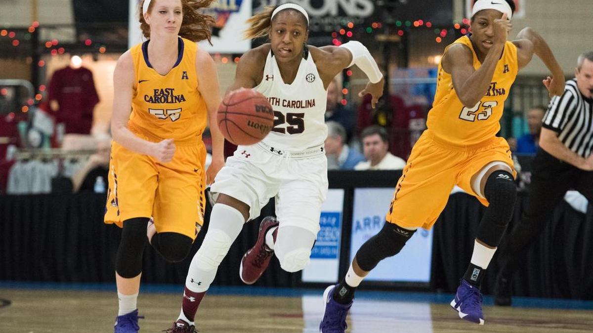 South Carolina guard Tiffany Mitchell (25) pushes the ball down court against East Carolina during the first half of an NCAA college basketball game on Sunday in Myrtle Beach.
