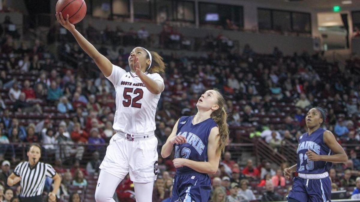 South Carolina freshman Tyasha Harris (52) scores against Maine and the guard has logged significant playing time in wins over Louisville and Texas because of her ability to defend standout scorers in back-to-back Gamecock wins.