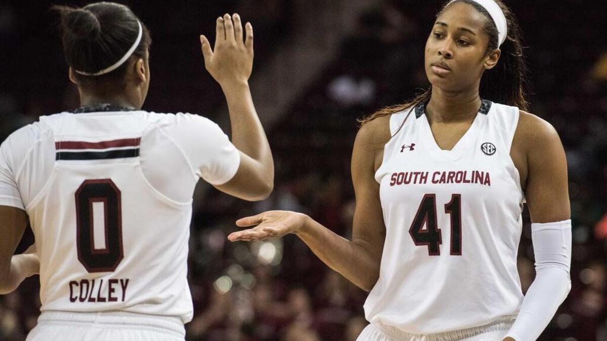 South Carolina forward Alaina Coates (41) is congratulated by Shay Colley (5) during their game against Hampton.
