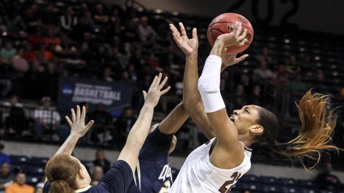 South Carolina's A'ja Wilson (22) shoots over Quinnipiac's Jen Fay (21) during the Women's Division 1 NCAA Regional at Stockton Arena.