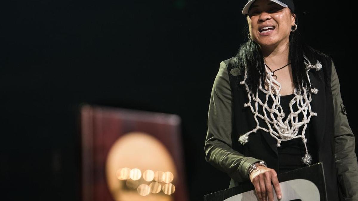 South Carolina women’s basketball Coach Dawn Staley celebrates with fans Wednesday night at Colonial Life Arena on April 5, 2017, in Columbia, S.C. Darius Rucker performed the free concert after promising told so if the South Carolina football team was able to win six games during the 2016 season.