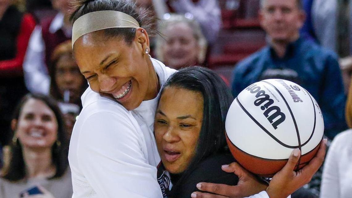 South Carolina’s A’ja Wilson (22) and Coach Dawn Staley celebrate Wilson’s 2,000th point during her senior season in 2018.