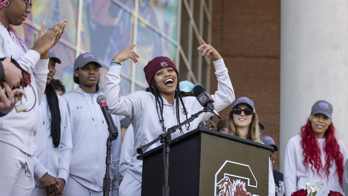 Destanni Henderson speaks to fans at Colonial Life Arena on Monday, April 4, 2022, following the Gamecocks’ win in the NCAA Women’s Basketball National Championship.