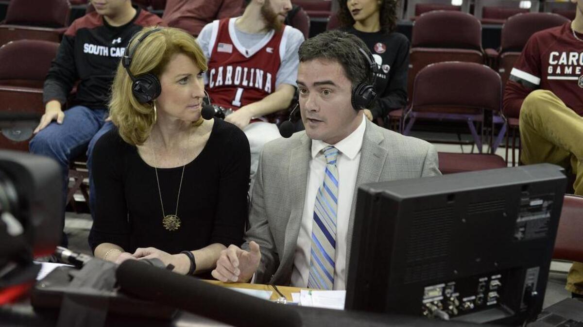 Brad Muller, radio voice of South Carolina women’s basketball, calls a TV game.